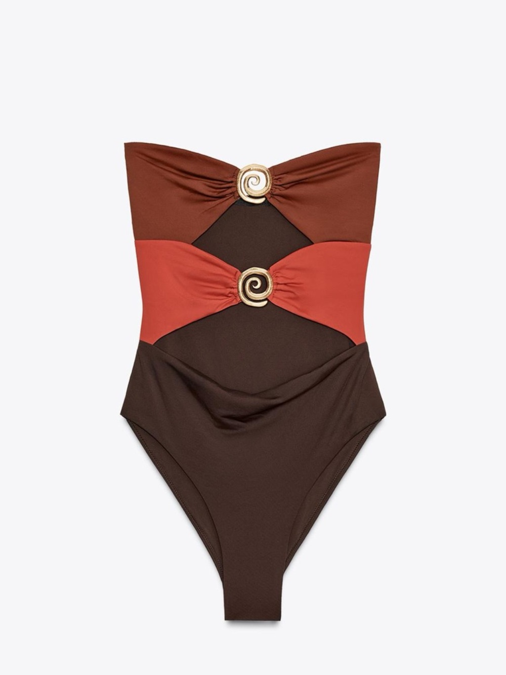 ZARA Strapless Cutout Swimsuit in Brown & Red with Gold Spiral Embellishments - Picture 5 of 8
